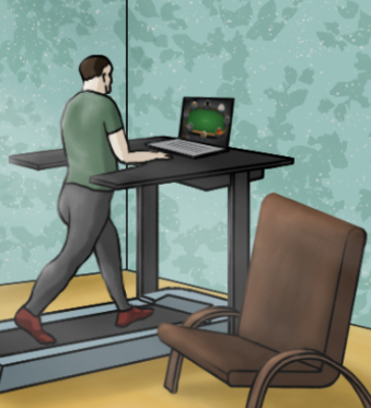 "Man running on a treadmill while watching a poker game on a screen, symbolizing focus and training."