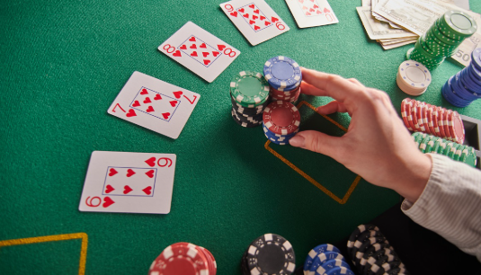 "Beginner poker player making mistakes at the table"