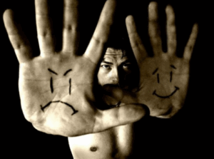 Poker player experiencing tilt — a mix of negative and positive emotions during a poker game, showing frustration, excitement, and focus at the table.