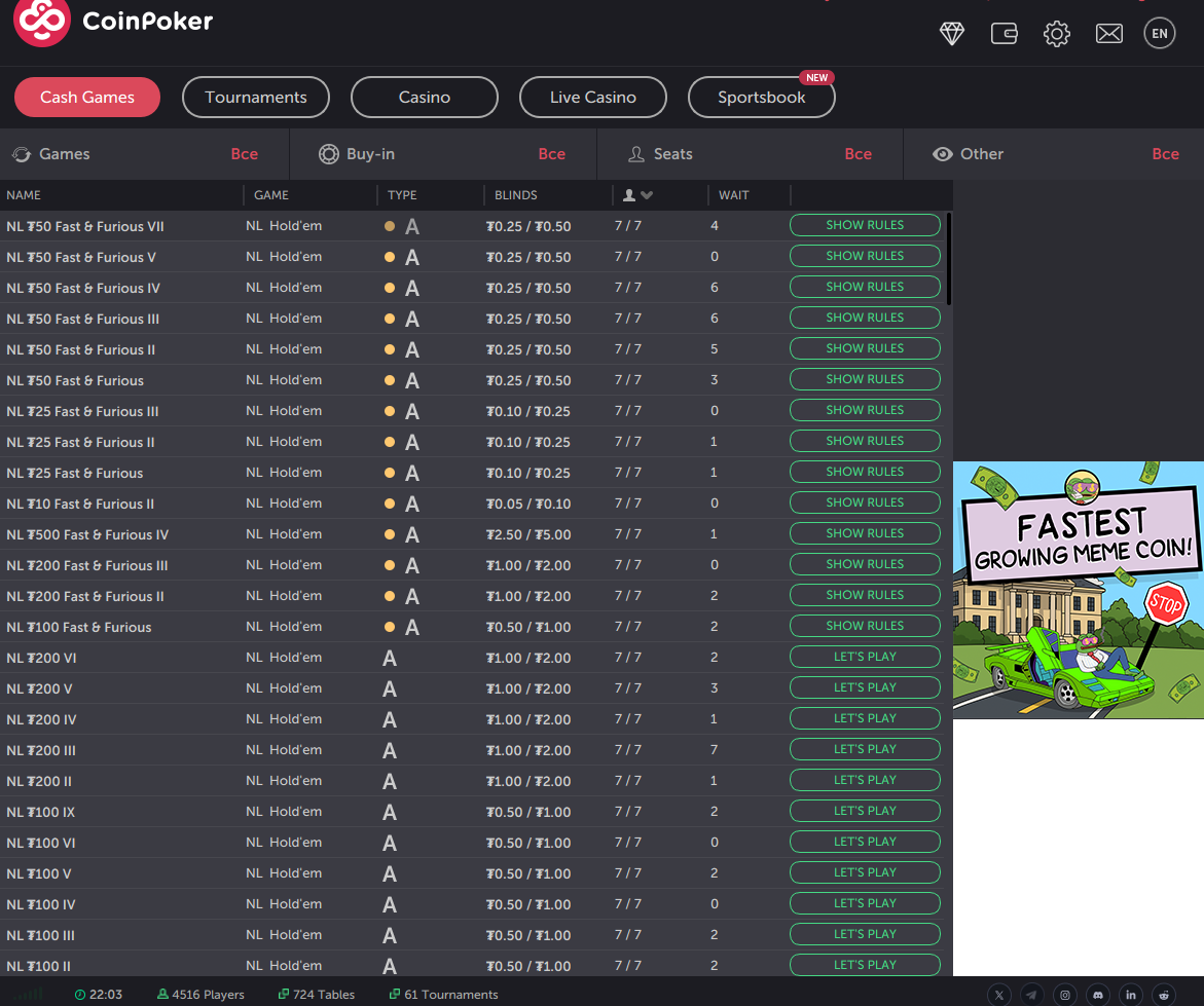 "coinpoker game cash casino tournaments"