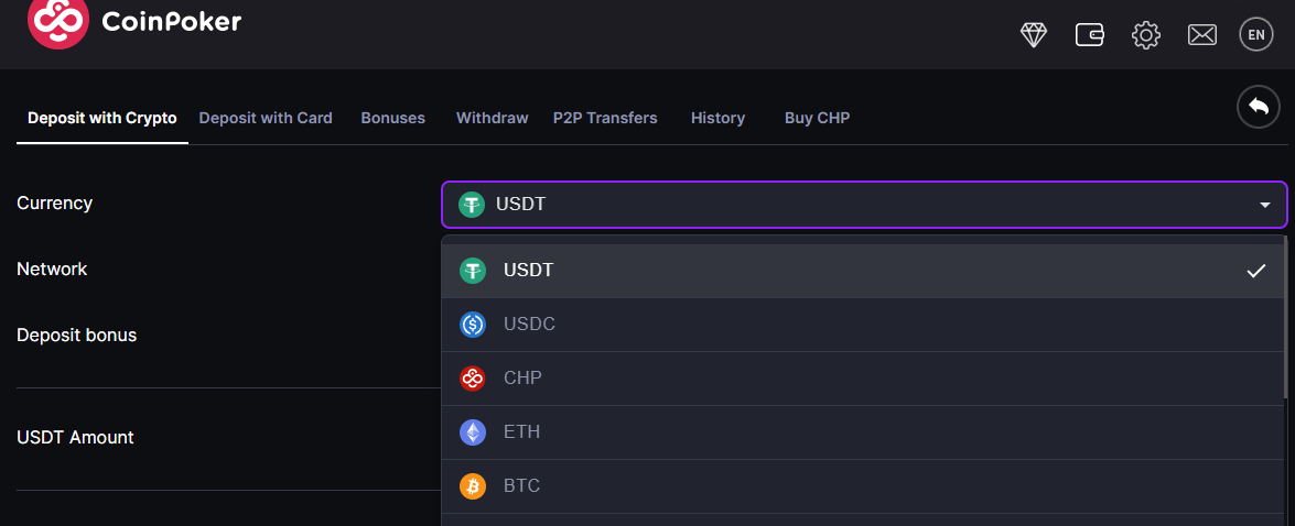 "replenishment of an account in coinpoker with cryptocurrency"