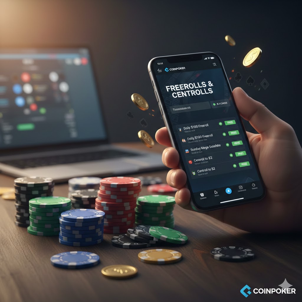 A hand holding a smartphone displaying the CoinPoker app with a list of active freerolls and centrolls, surrounded by poker chips and coins on a desk with a laptop.