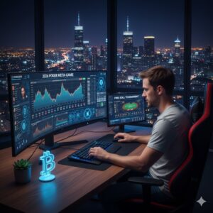A professional poker player at a futuristic desk with multiple monitors displaying 2026 poker meta-game analytics, Pokercoin charts, and a free roll tournament interface with a neon crypto symbol.