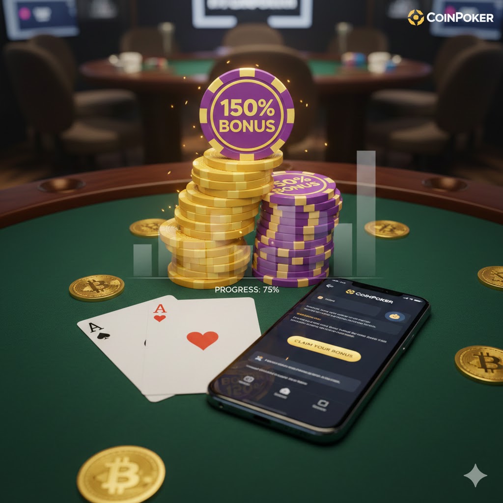 CoinPoker 150% Welcome Bonus banner with crypto coins and poker chips